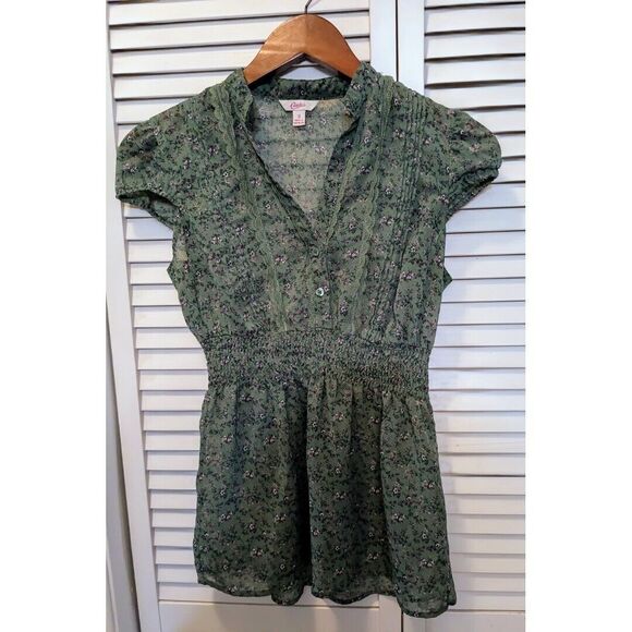 Y2K Candies Cap Sleeve Green Floral Blouse Top S Cottagecore Peasant - Picture 1 of 6